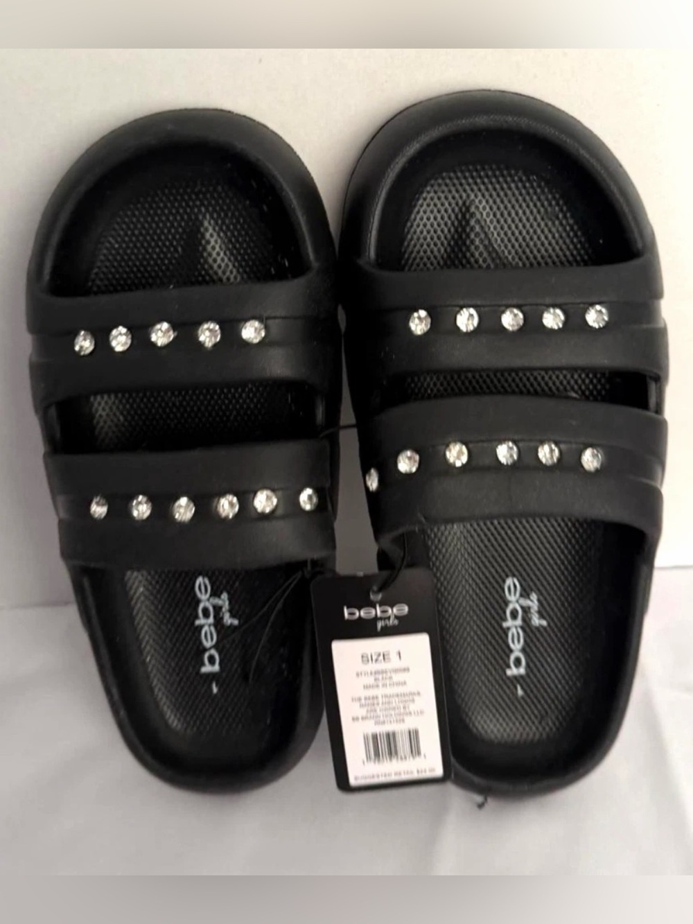 Bebe Girls Black Rhinestone Slide Sandals Size 1 NWT